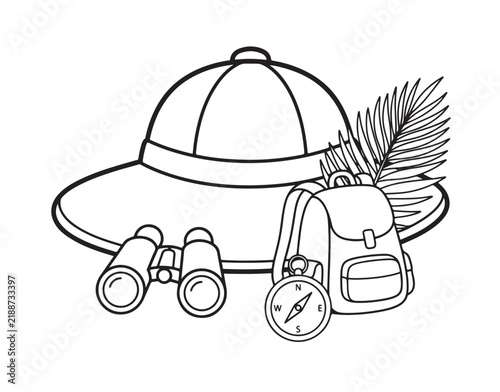 Cute safari explorer hat coloring page with binoculars vector line art