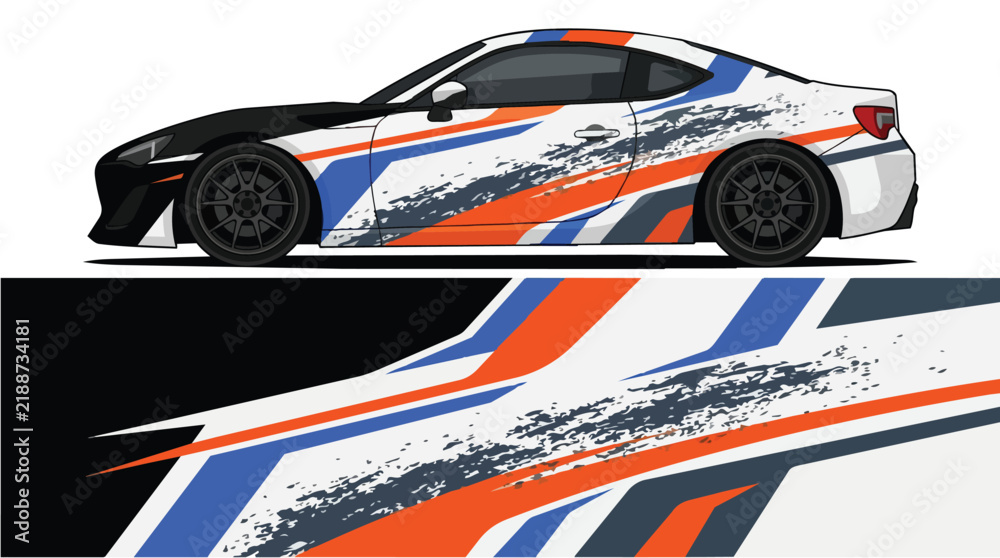 Fototapeta premium Sport Car Racing Livery Design with Orange Blue White Stripes Vector