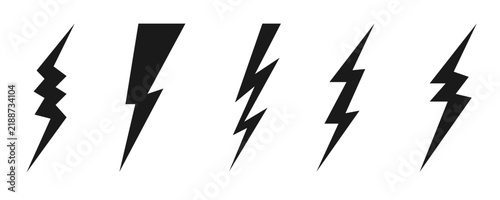 Black icons of thunder and flash lighting on a white background
