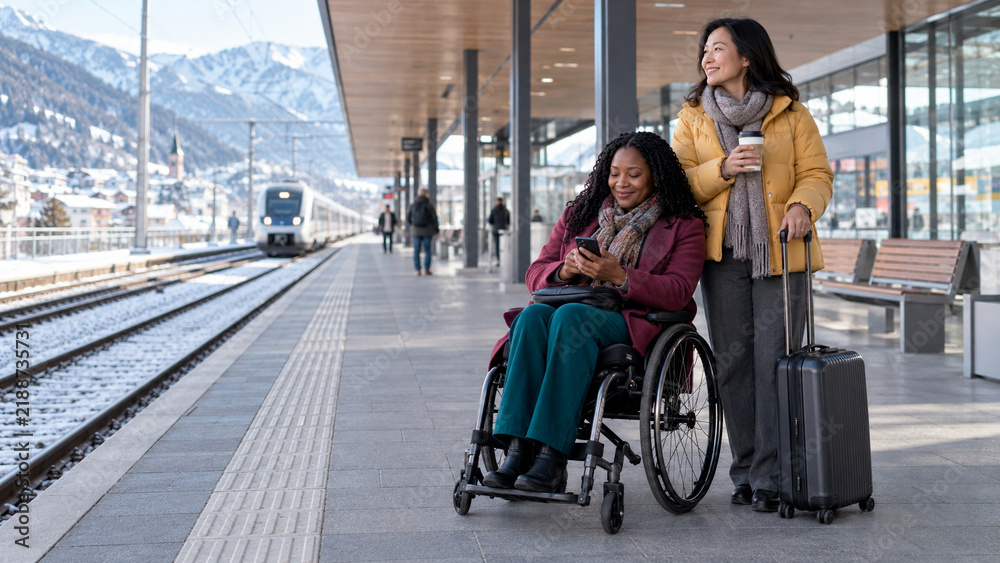 Obraz premium Woman Using Wheelchair Traveling by Train with Companion in Winter