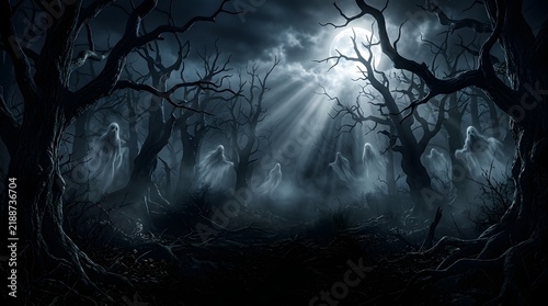 Ethereal ghost figures floating in a haunted forest under a bright full moon at night