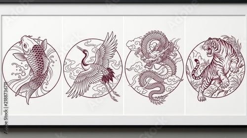 Traditional Asian Style Illustrations Set Featuring Koi Fish, Crane, Dragon, and Tiger in Circular Frames