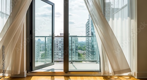 Open balcony door with flowing curtains overlooking modern city apartment buildings.