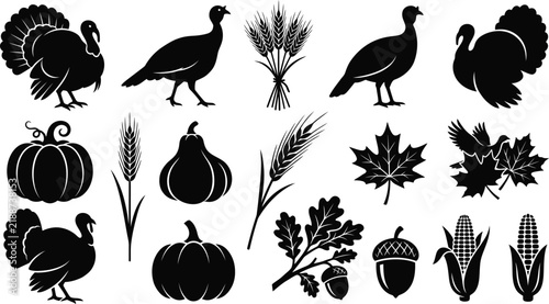 A collection of thanksgiving icons turkeys pumpkins leaves and autumn harvest elements in a vintage style