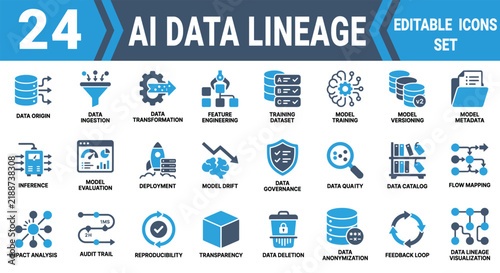 Принти на полотні Set of 24 ai data lineage and machine learning icons for technical business proj