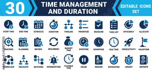 Set of 30 time management and duration icons featuring clocks calendars and productivity symbols for business planning scheduling and project task tracking in blue and black Solid Icon bundle