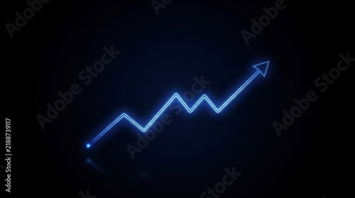 Glowing blue financial arrow rising on black background. Neon stock market growth graph. Digital business success and profit concept.