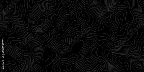 Modern topographic pattern with white lines on black background. Abstract Topographic Map Pattern Illustration with Dark Background. topographic Map background with dark contour lines, terrain texture