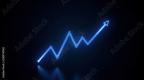Glowing blue financial growth arrow, neon stock market chart line on black background, digital business success concept