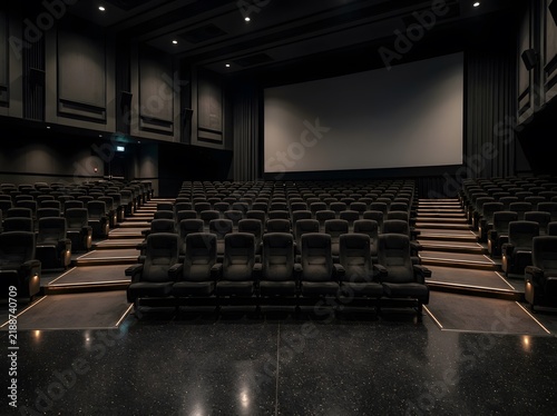 Modern empty cinema theater with plush seating and sparkling floor for film production or event planning.