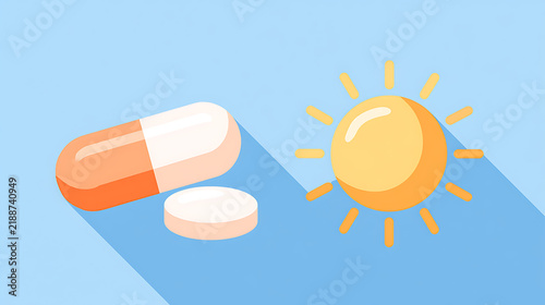 Vector illustration of a medicine capsule, pill, and sun symbol representing vitamin supplements, health care, and wellness on a blue background