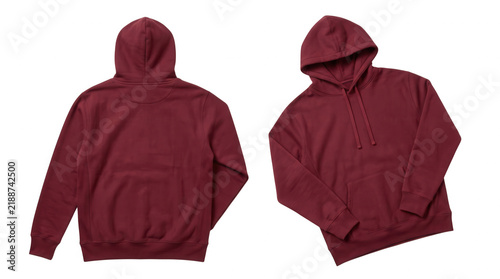 Front and back view of a maroon hoodie sweatshirt isolated on transparent background on transparent background