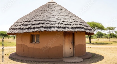 Traditional African round hut with thatched roof in rural landscape.