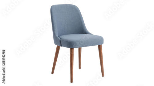 Modern blue upholstered dining chair with wooden legs isolated on transparent background on transparent background
