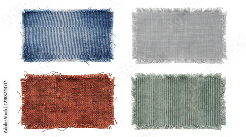 Set of various fabric swatches with frayed edges, including denim, linen, and corduroy textures, isolated on transparent background on transparent background
