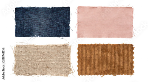 Set of four different fabric swatches including denim, pink linen, burlap, and brown corduroy isolated on transparent background on transparent background