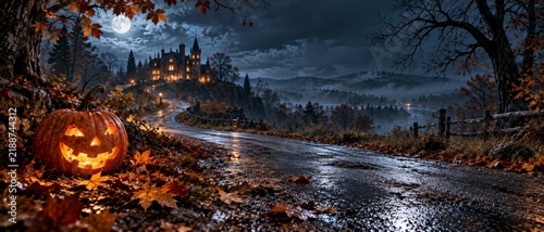 A glowing Jack-o'-lantern on a rainy road leads to a spooky, illuminated Halloween castle under a full moon in a dark, eerie forest.