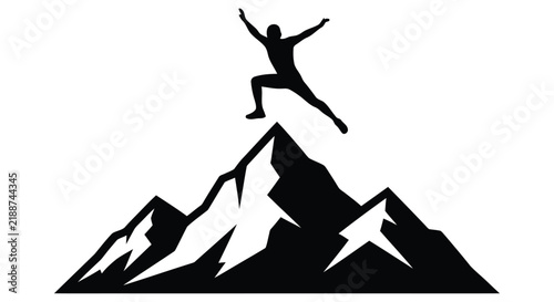 Silhouette of a person celebrating atop a mountain peak black on white