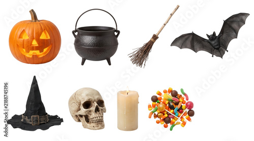 Collection of various halloween themed items including pumpkin, cauldron, broom, bat, hat, skull, candle, and candy isolated on transparent background on transparent background
