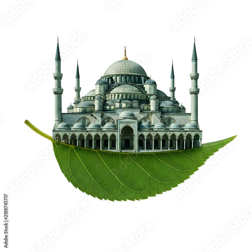 Grand mosque architecture placed on a fresh green leaf symbol