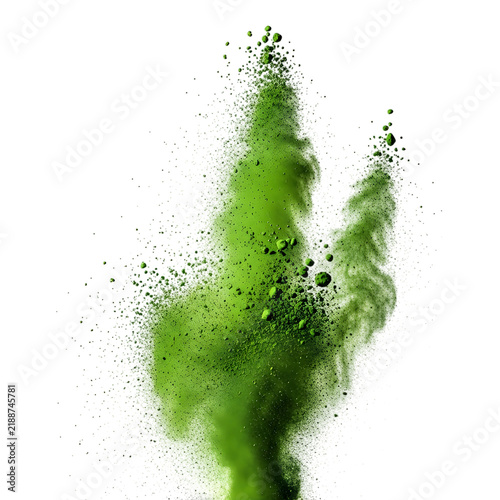 Green powder explosion isolated on a clean white background