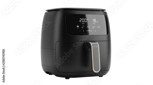 Modern black digital air fryer with a sleek touch control panel and goldtrimmed handle, isolated on transparent background on transparent background