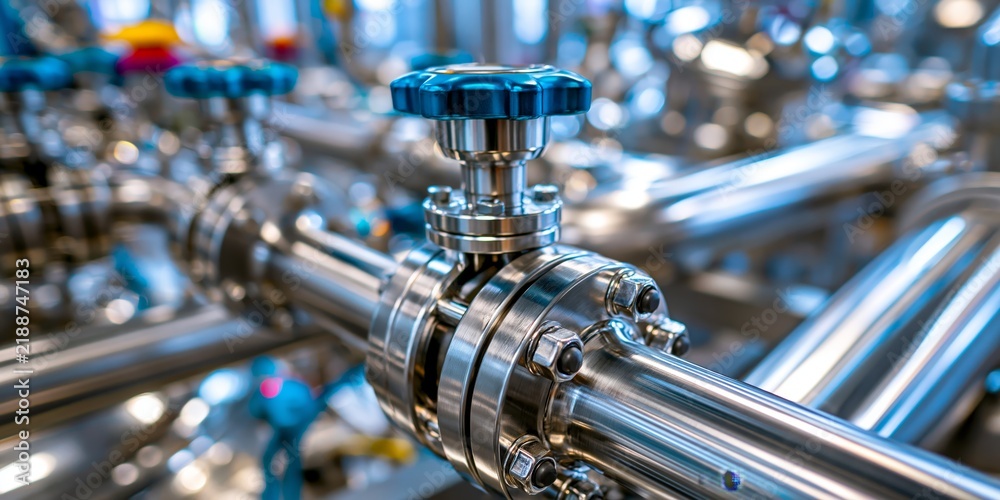 Fototapeta premium Close-up of stainless steel industrial pipes and valves with blue handles, showcasing modern factory machinery in a clean, high-tech environment.
