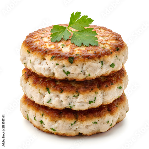 Stack of three delicious cooked chicken patties with fresh herbs