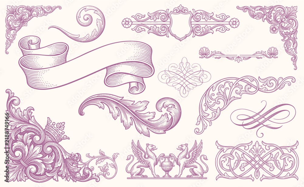 Obraz premium Set of swirls, scrolls, border, corner, frame, and design elements. Flourishes set for retro design, greeting cards, invitations, weddings designs and other. Vector set.