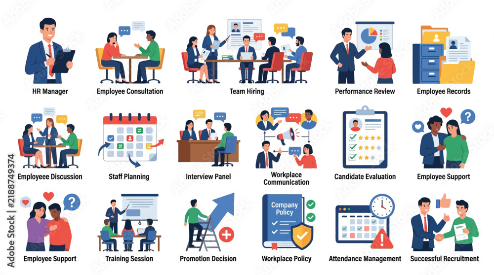 Fototapeta premium Set of flat human resources management icons showing workplace interaction team meetings and training sessions