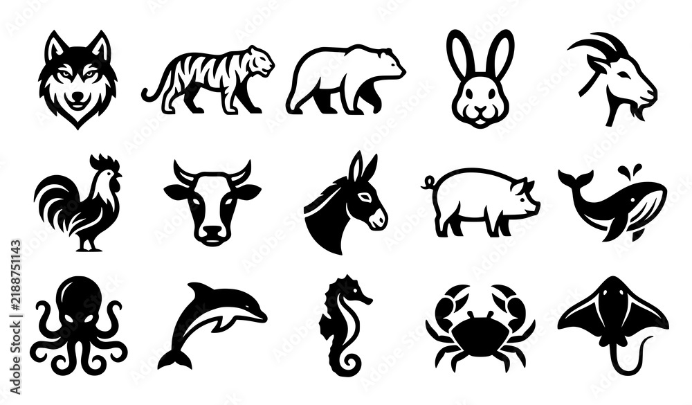 Obraz premium Minimal Animal Logo Icons for Wildlife Farm and Marine Branding Vector Collection