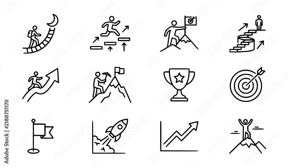Fototapeta premium Success and Career Growth Line Icons with Ladder Goals Achievement and Business Strategy Vector