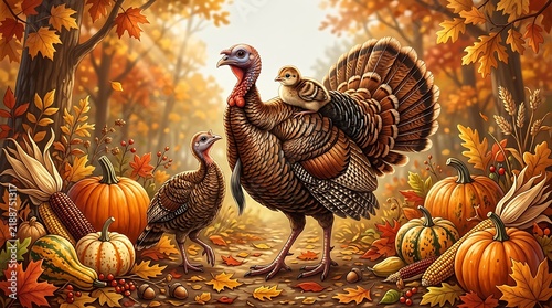 Cute turkey mother with baby chicks in a colorful autumn forest with pumpkins and corn fields