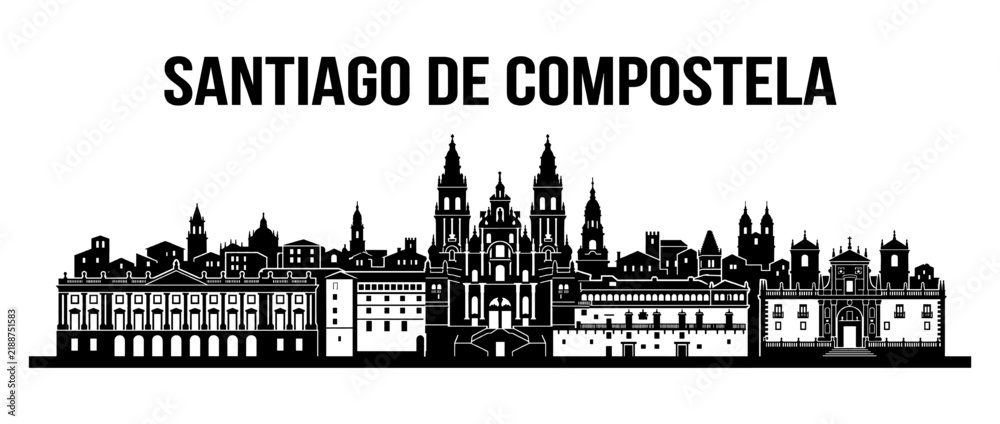 Fototapeta premium Santiago de Compostela Spain City Skyline Silhouette Vector Illustration Stencil Design of Cathedral and Historical Landmarks Isolated on White