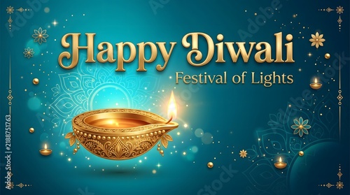 Beautiful decorative background for a happy diwali celebration featuring a traditional glowing oil lamp on blue