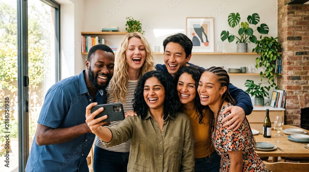 Obraz premium Diverse group of friends laughing and taking a selfie together in a bright modern home kitchen