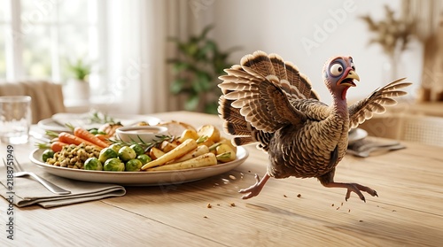 Funny animated turkey running away from a large holiday dinner plate on a wooden table