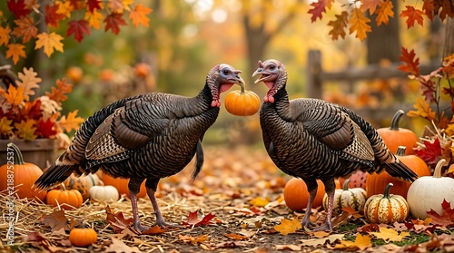 Two turkeys standing in a field with pumpkins and colorful autumn leaves during the fall season