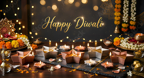 Happy Diwali Banner with Glowing Star Shaped Diyas and Golden