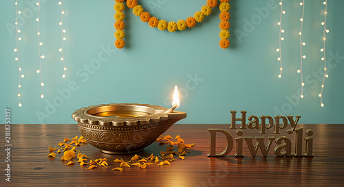 Traditional Brass Diya with Glowing Flame and Happy Diwali Golden Text