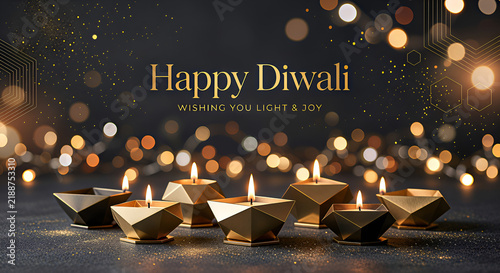 Modern Geometric Metallic Diyas Glowing with Happy Diwali Banner Text