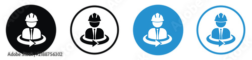 Professional engineer or contractor avatar icon with a circular arrow symbol, representing user profile rotation, workflow shift, or account transfer in black and blue styles.