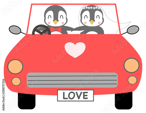 Romantic Penguin Couple Driving Love Car