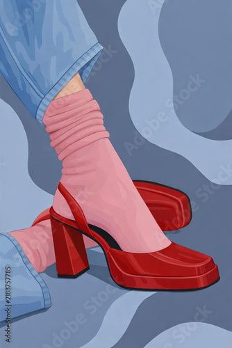 Pink legs in red patterned boots with raised feet on a white background, contemporary illustration