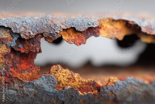 A macro shot of a piece of rusty metal with a flaking