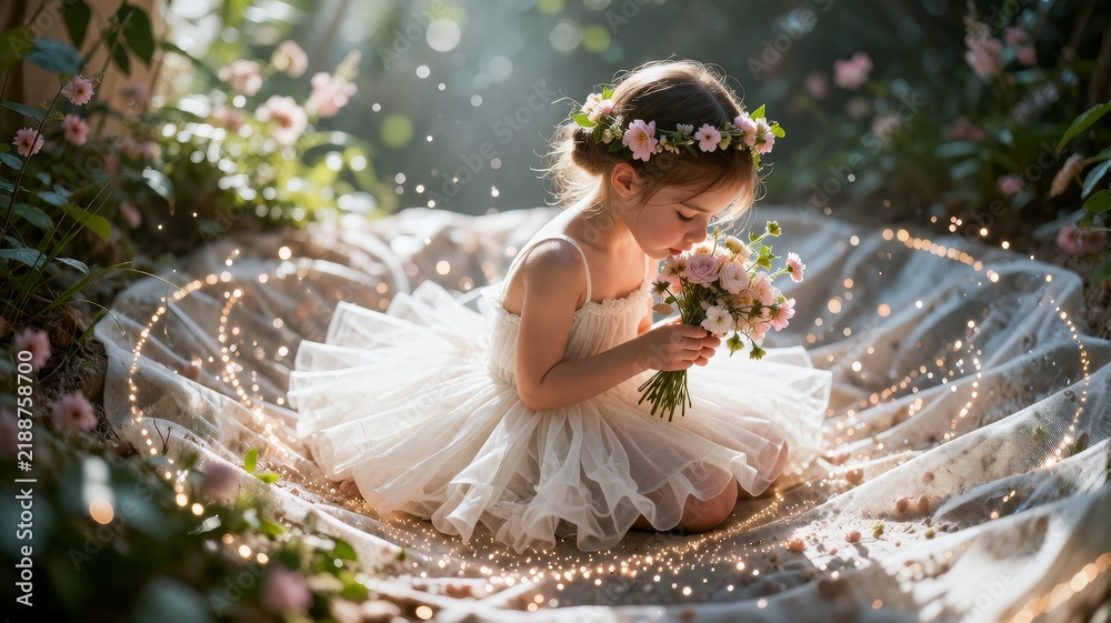 Obraz premium Little girl in white dress holding flowers with magical fairy lights in enchanted garden