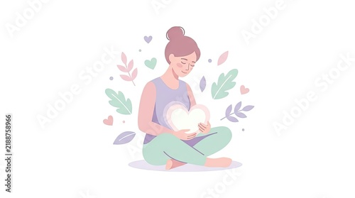 Meditating woman holding heart for mental wellness.