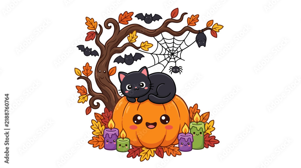 Fototapeta premium Cute black cat on happy pumpkin with bats and leaves