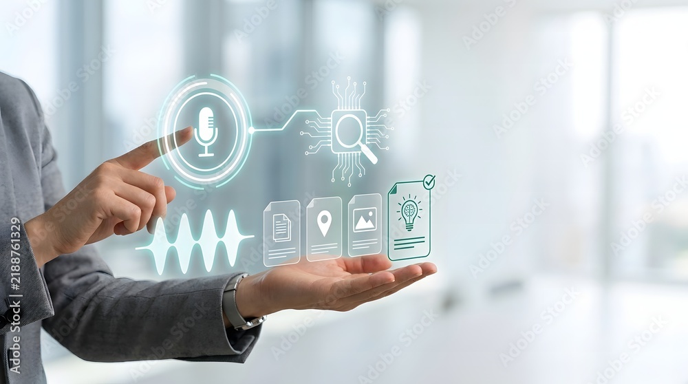Obraz premium Futuristic technology concept a person interacting with a holographic digital interface