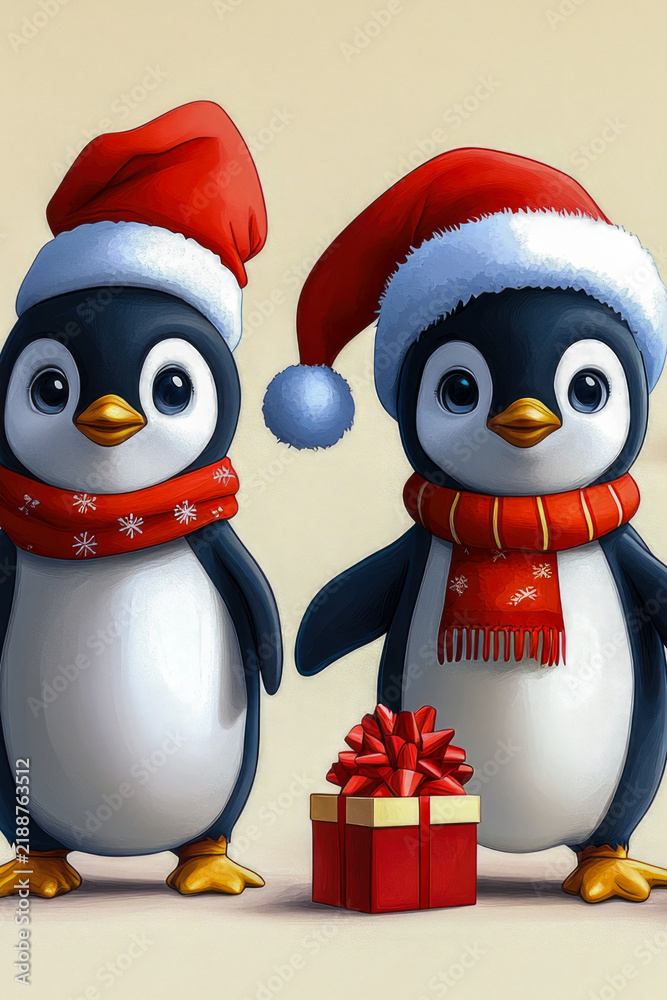 Fototapeta premium A group of penguins dressed up for the holiday season. vertical frame